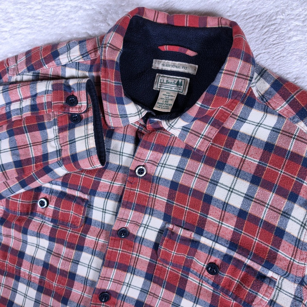 LL Bean Shacket 298189 Mens L-REG Red Plaid L/S Button Up Fleece Lined Shirt